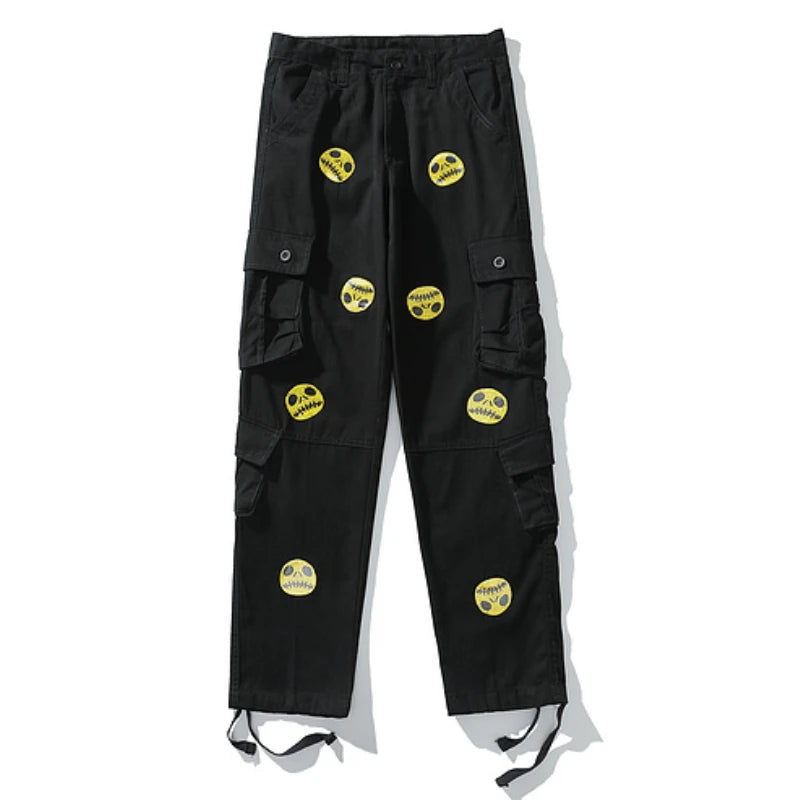 mens high street smilely loose cargo pants casual zipper straight jeans hip hop side pockets loose fit streetwear casual joggers unique joggers style 3474