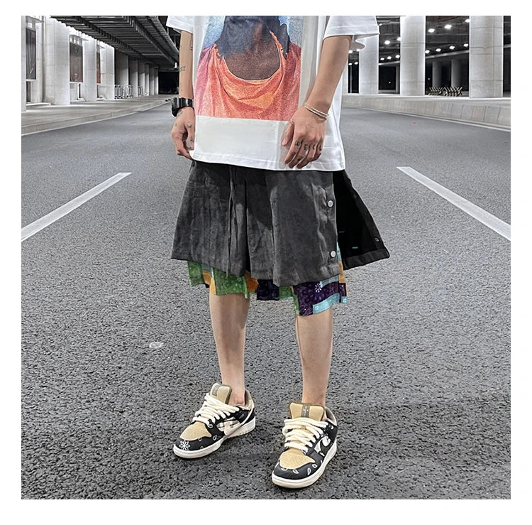 men side buttons patchwork harajuku straight shorts new elastic waist short pants joggers hip hop streetwear casual sweatshorts unique joggers style 1084