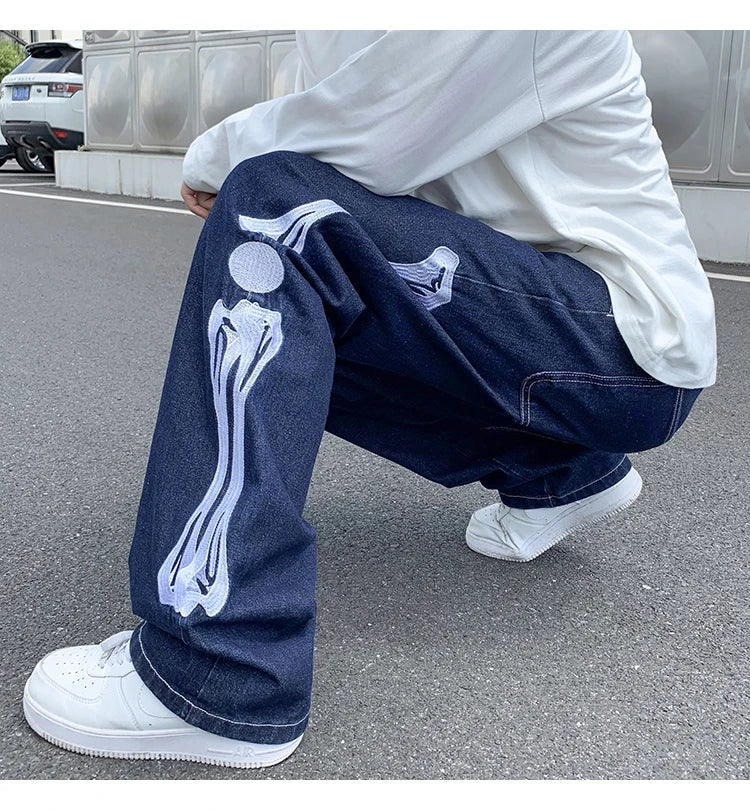 skeleton embroidery straight jean pants couples mopping trousers mens streetwear denim pants mens clothing jeans for men baggy unique jeans style 2815