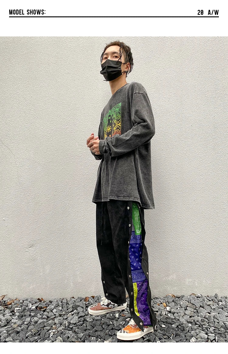 mens side buttons patchwork harajuku straight pants casual elastic waist fake suede trousers hip hop streetwear casual joggers unique joggers style 3900