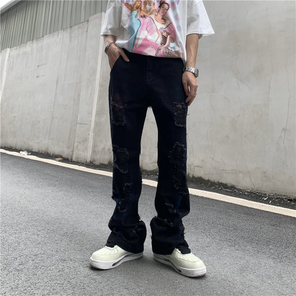 fashion back letters printed denim flare jeans mens zipper straight trouser hip hop destroy holes streetwear jean pants joggers urban active pants