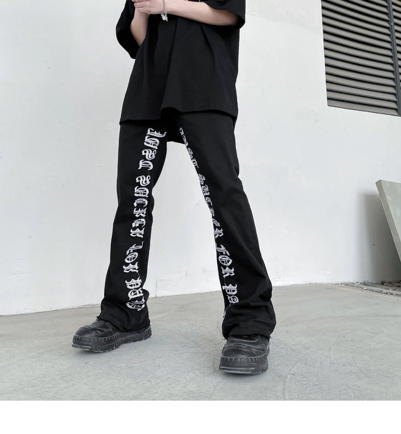 fashion letters embroidery denim flare jeans mens high street elastic waist straight trouser hip hop streetwear pants joggers unique joggers style 4797