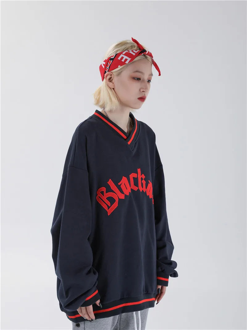 Mens Letter Embroidery Tshirt Tops Men V Neck Long Sleeve Loose Tees Hip Hop Solid Color Oversize Skateboard Streetwear Pullover
