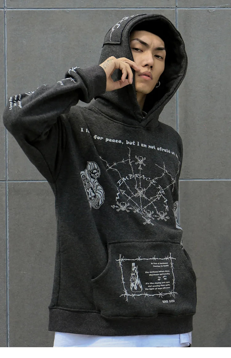 2023 Hip Hop Hoodie Sweatshirt Men Streetwear Skull Graffiti Print Hoodie Pullover Cotton Autumn Grey Harajuku Punk Clothes New