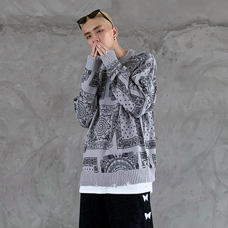 hip hop paisley printed ripped knitted holes sweater mens autumn winter long sleeve pullover streetwear loose sweaters clothing streetwear fashion hoodie, aesthetic street look hoodie, Y2K vintage urban hoodie