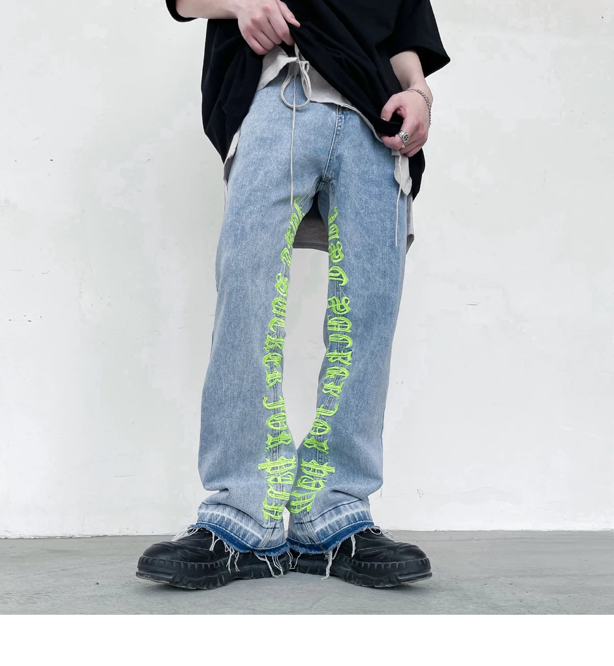 fashion letters embroidery denim flare jeans mens high street elastic waist straight trouser hip hop streetwear pants joggers unique joggers style 4801
