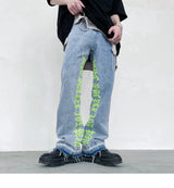 fashion letters embroidery denim flare jeans mens high street elastic waist straight trouser hip hop streetwear pants joggers unique joggers style 4801
