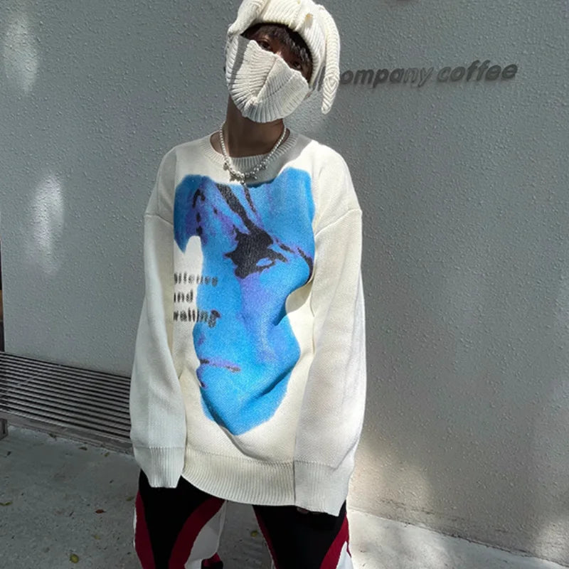 men knitted sweater harajuku printed oversized sweater new casual o neck long sleeve pullover streetwear loose sweaters clothing streetwear fashion hoodie, oversized graphic print design, high quality cotton pullover