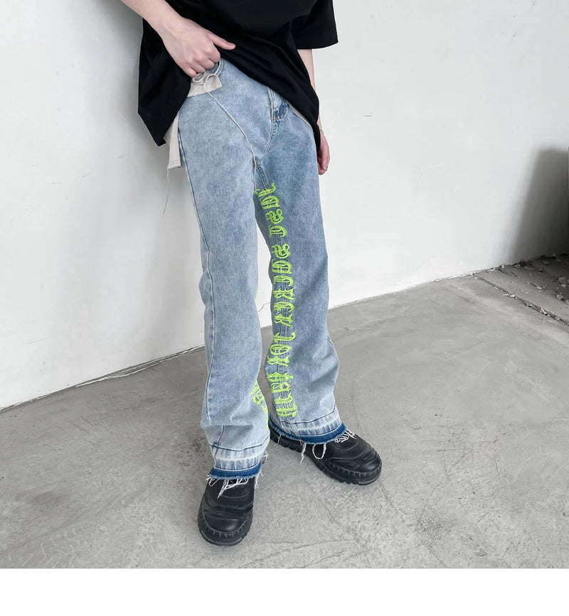 fashion letters embroidery denim flare jeans mens high street elastic waist straight trouser hip hop streetwear pants joggers unique joggers style 4805