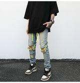 high street knee hole with chain ripped biker jeans mens slim fit denim pants autumn new streetwear casual hip hop pants joggers unique joggers style 4254