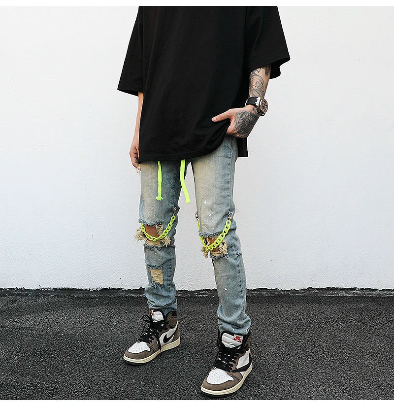 high street knee hole with chain ripped biker jeans mens slim fit denim pants autumn new streetwear casual hip hop pants joggers unique joggers style 4254