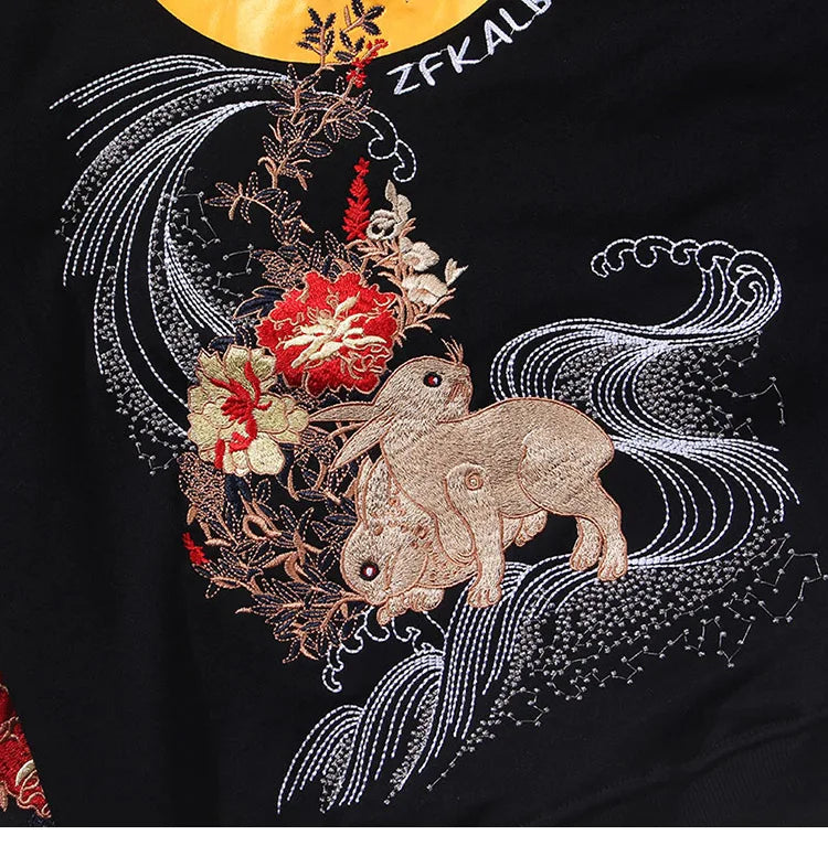 2023 Men Hip Hop Hoodie Sweatshirt Embroidered Floral Full Moon Rabbit Harajuku Streetwear Hoodie Pullover Cotton Autumn Hipster