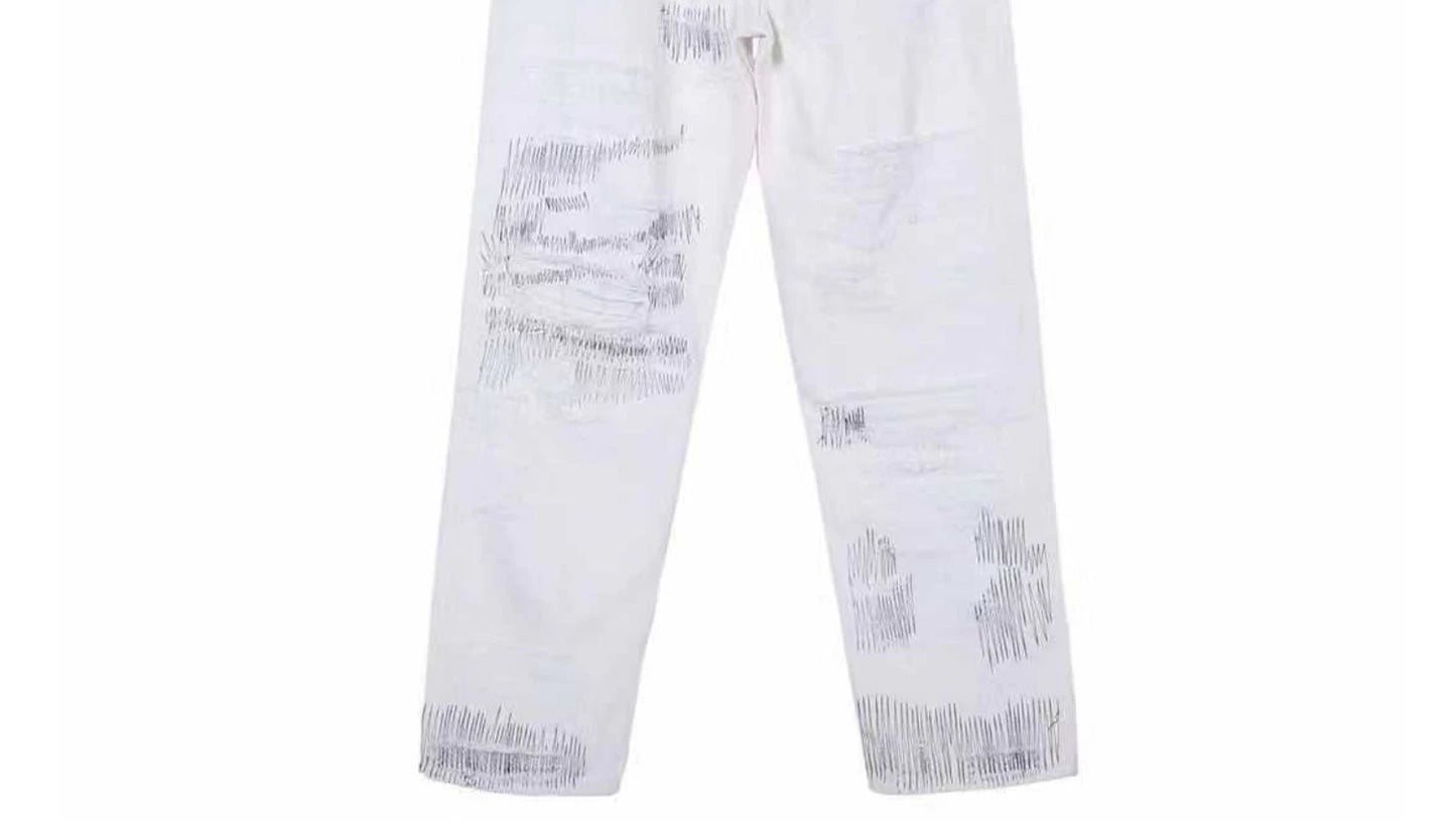 mens high street denim jean pants new casual loose ripped holes straight zipper white jeans trousers hip hop streetwear joggers unique joggers style 2634