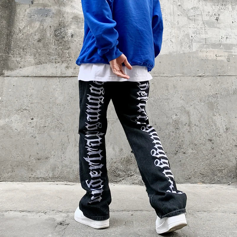 fashion back letters embroidery denim flare jeans mens zipper straight trouser hip hop destroy holes streetwear pants joggers casual joggers