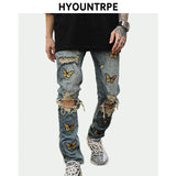 high street butterfly embroidery knee ripped hole jeans mens casual hip hop distressed jeans slim fit skinny denim pants joggers urban active pants