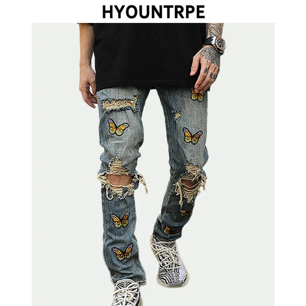 high street butterfly embroidery knee ripped hole jeans mens casual hip hop distressed jeans slim fit skinny denim pants joggers urban active pants