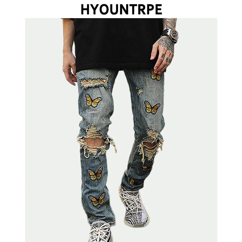 high street butterfly embroidery knee ripped hole jeans mens casual hip hop distressed jeans slim fit skinny denim pants joggers urban active pants