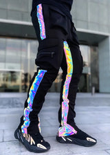 hip hop loose fit elastic waist pants cargo pockets spliced reflective lines ankle pants mens drewstring sportwear pants joggers urban active pants