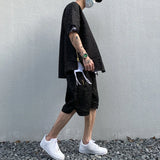 2 Pieces Sets Men Harajuku Pattern Single Breasted Short Sleeve Baseball Shirts and Drewstring Shorts Joggers Streetwear Sets