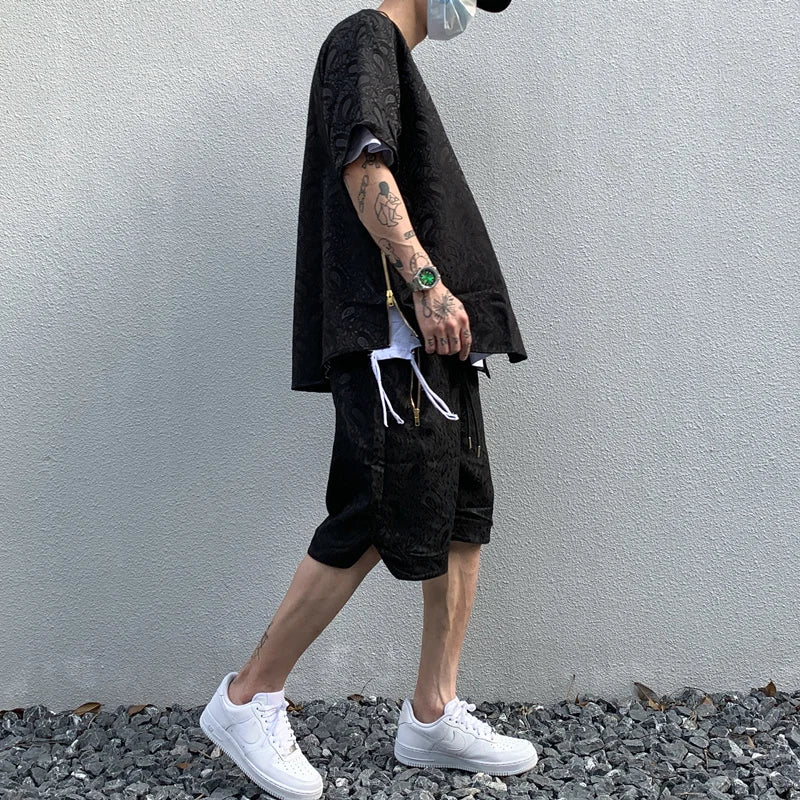 2 Pieces Sets Men Harajuku Pattern Single Breasted Short Sleeve Baseball Shirts and Drewstring Shorts Joggers Streetwear Sets