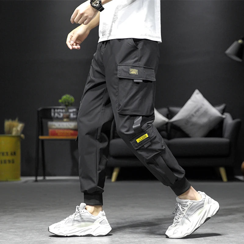 streetwear hip hop black harem pants men elastic waist punk pants with ribbons casual slim jogger pants men hip hop trousers unique joggers style 2522