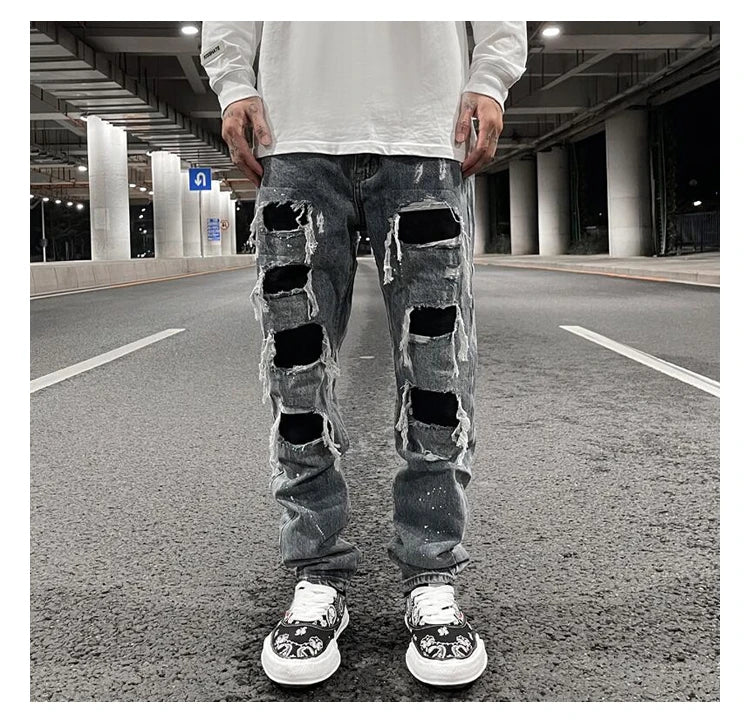 men ripped holes denim jean pants hip hip new fashion straight patchwork pants new casual jeans streetwear mens trousers joggers unique joggers style 1401