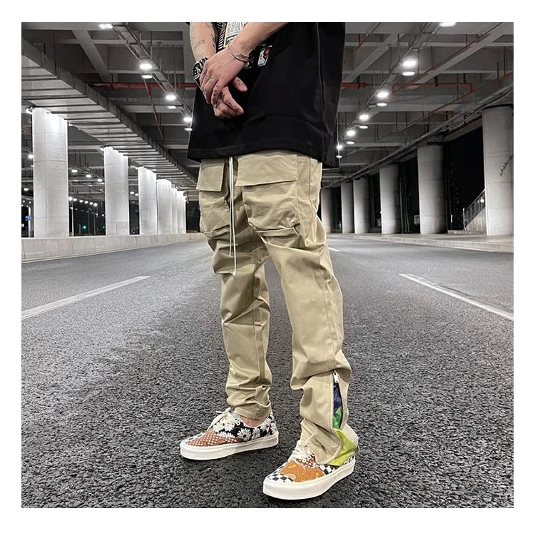 mens high street loose fit elastic waist pants bottom zipper patchwork cargo pants hip hop drawstring sportwear pants joggers unique joggers style 5420