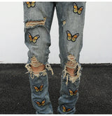 high street butterfly embroidery knee ripped hole jeans mens casual hip hop distressed jeans slim fit skinny denim pants joggers unique joggers style 1893