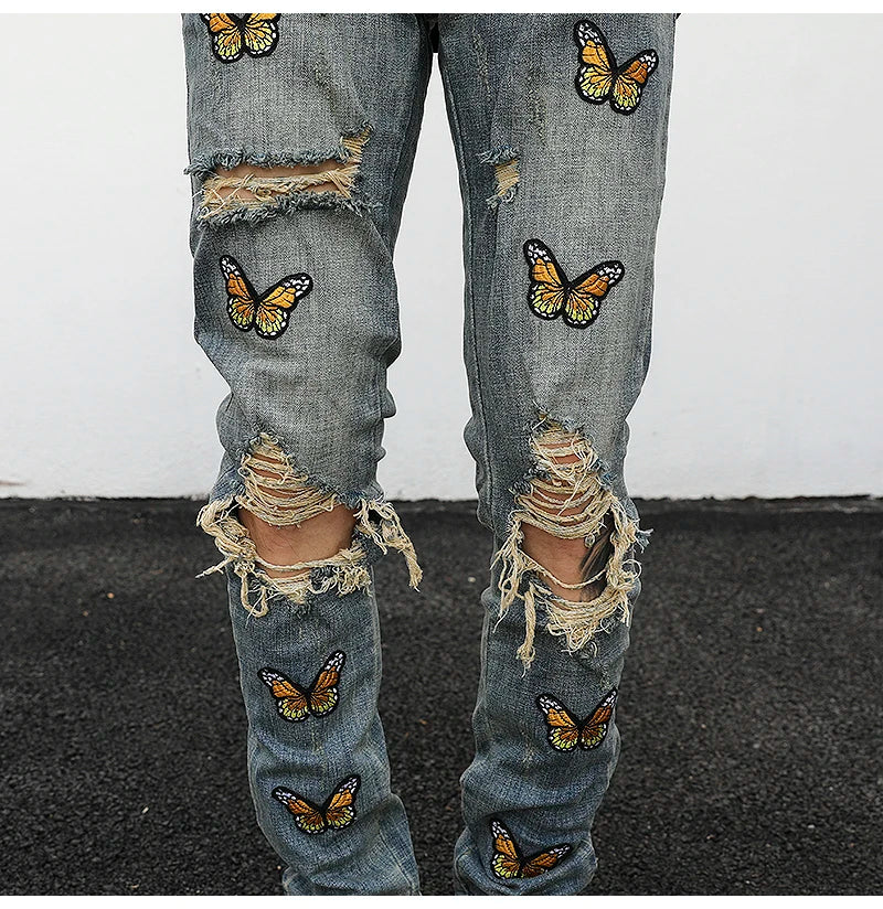 high street butterfly embroidery knee ripped hole jeans mens casual hip hop distressed jeans slim fit skinny denim pants joggers unique joggers style 1893