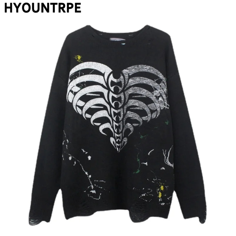 mens hip hop streetwear skull graffiti harajuku sweaters casual knitted sweater ripped holes cotton pullover men jumper sweater - oversized streetwear hoodie, graphic printed hoodie for men and women, 2025 streetwear drop