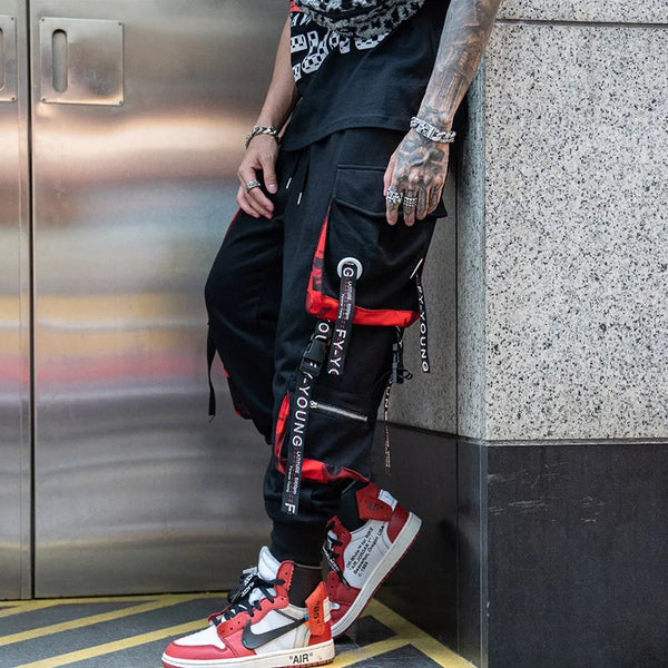 men hip hop black cargo pants joggers sweatpants overalls men ribbons streetwear harem pants women fashions trousers relaxed fit joggers