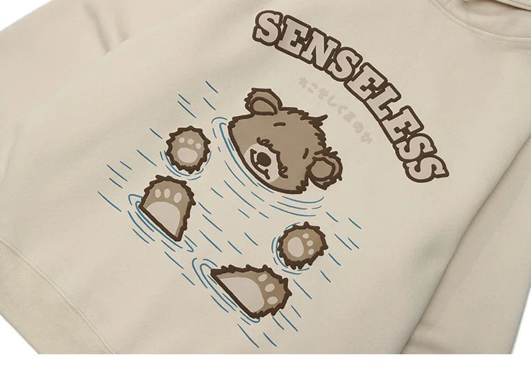 Men Hip Hop Streetwear Hoodie Sweatshirt Funny Bear Japanese Kanji Pul