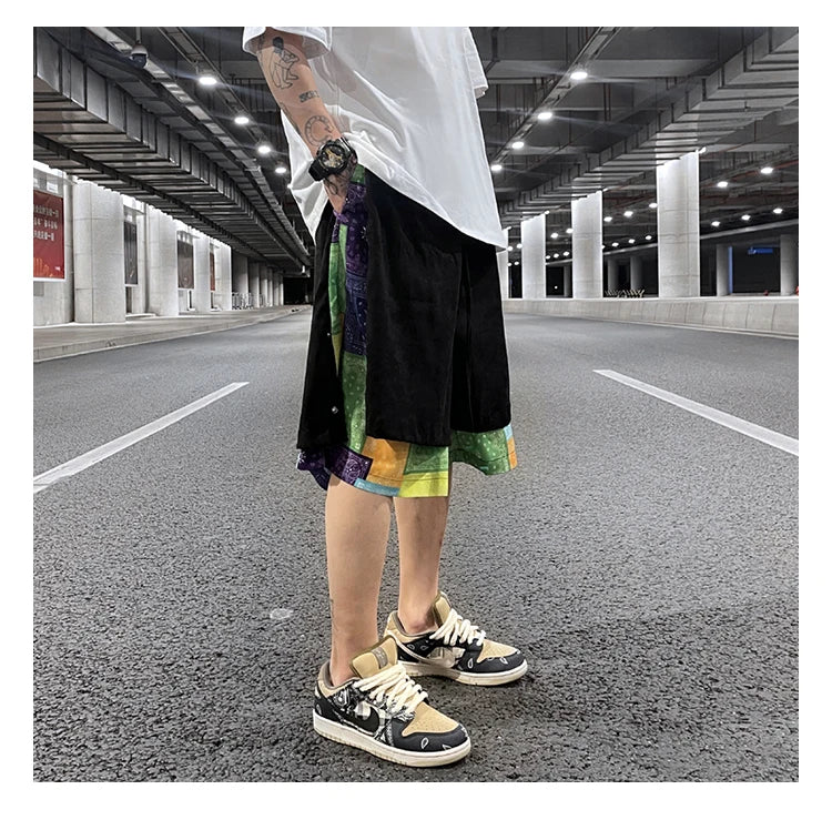 men side buttons patchwork harajuku straight shorts new elastic waist short pants joggers hip hop streetwear casual sweatshorts unique joggers style 1090