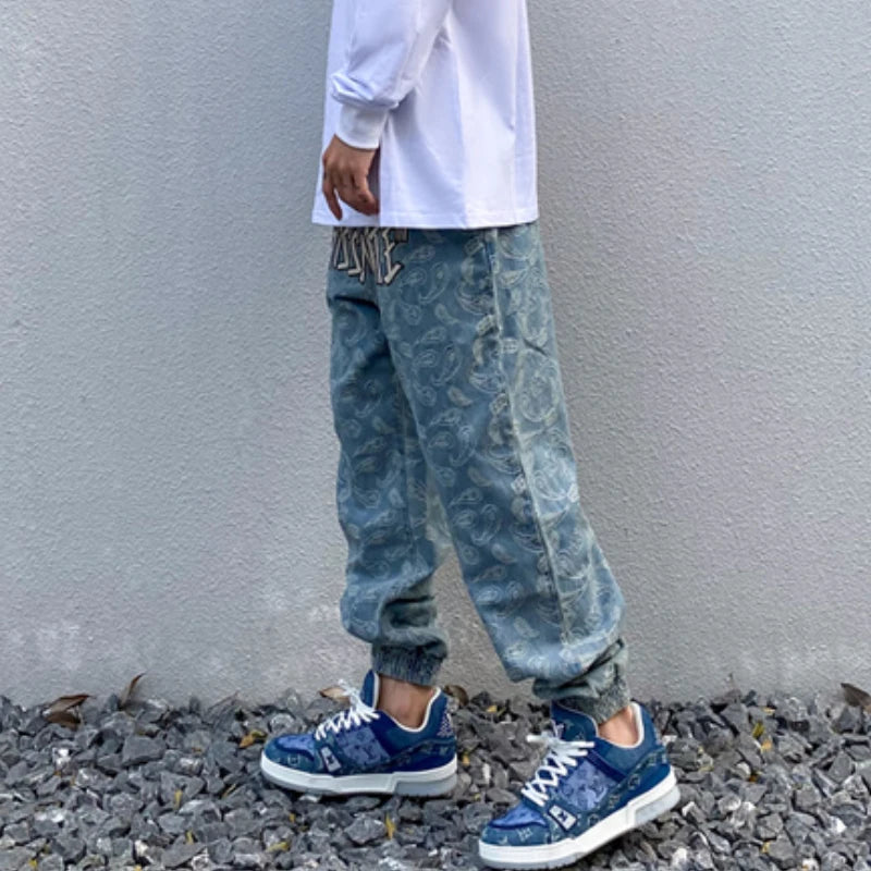 hip hop loose fit elastic waist pants fashion embroidery denim ankle pants mens new casual drewstring sportwear pants joggers casual joggers