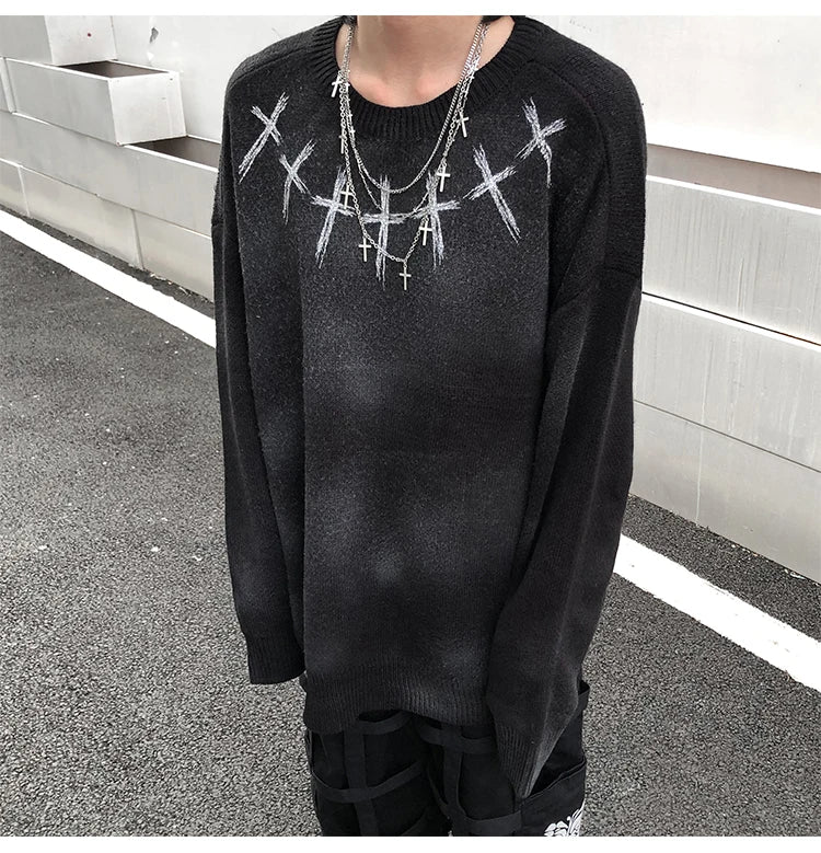 high street vintage wash sweater men graffiti loose knitted pullover long sleeve hip hop oversize sweater casual jumper knitwear - vintage look oversized hoodie, bold artwork streetwear hoodie, gothic aesthetic hoodie for winter