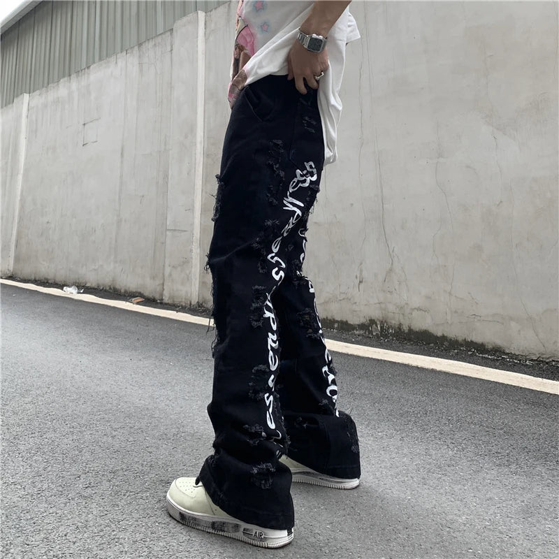 fashion back letters printed denim flare jeans mens zipper straight trouser hip hop destroy holes streetwear jean pants joggers unique joggers style 176
