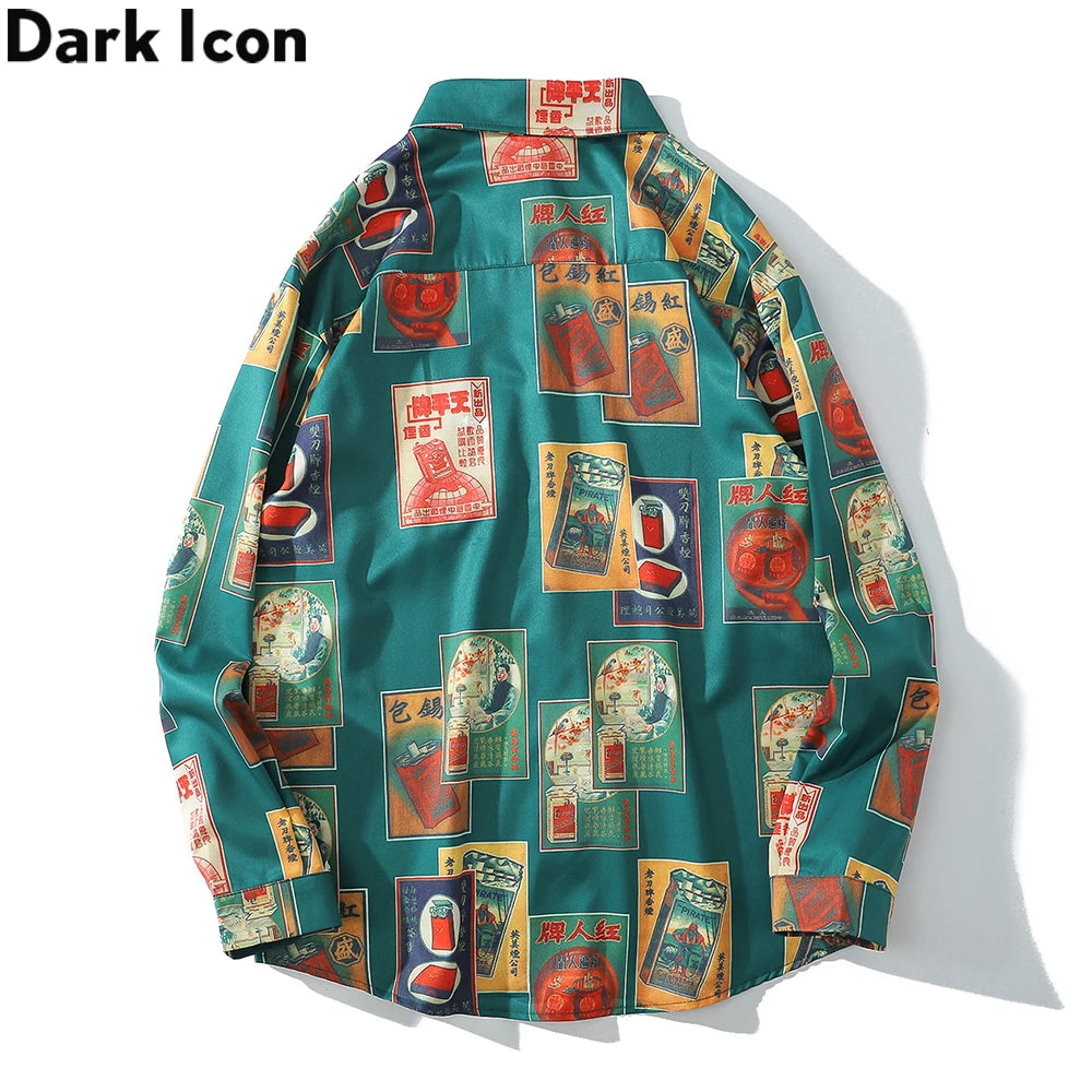 Dark Icon Vintage Printed Shirts Men Turn-down Collar Men's Shirt Streetwear Shirts for Man