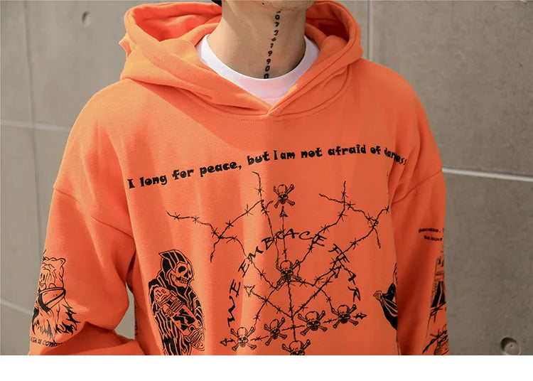 2023 Hip Hop Hoodie Sweatshirt Men Streetwear Skull Graffiti Print Hoodie Pullover Cotton Autumn Grey Harajuku Punk Clothes New