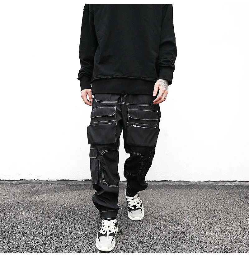 men pockets cargo pants new fashion zipper loose fit harajuku military trousers casual hip hop sportswear streetwear black pants unique cargo style 2490
