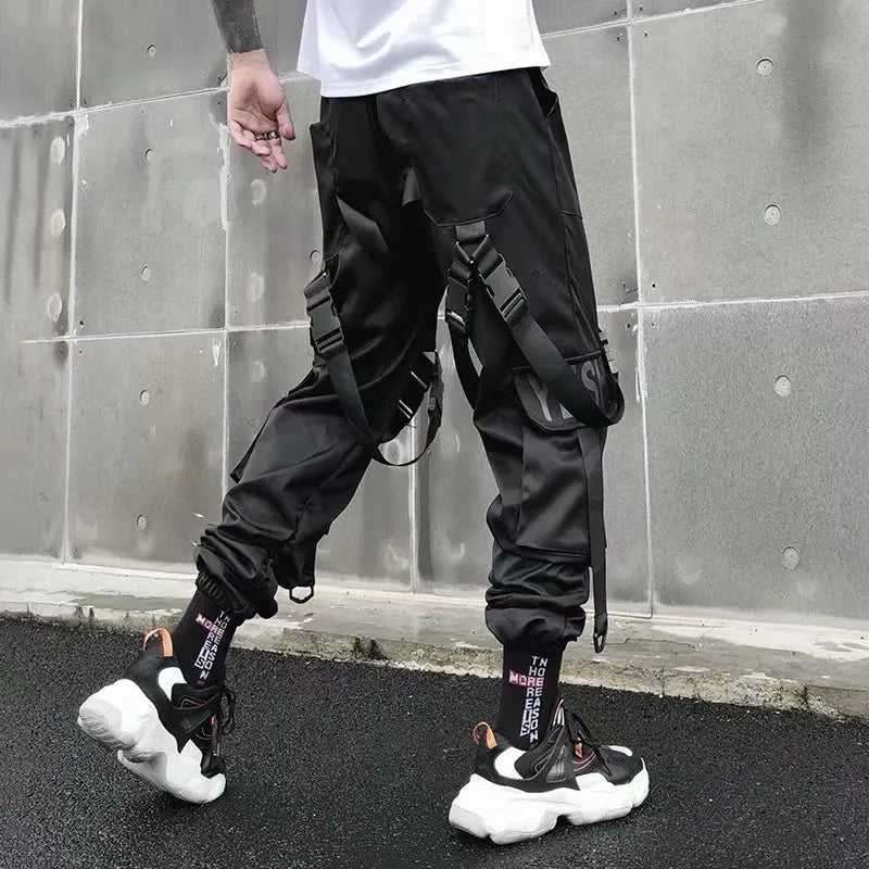 men hip hop black cargo pants joggers sweatpants overalls men ribbons streetwear harem pants women fashions trousers unique joggers style 2718