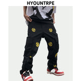 mens high street smilely loose cargo pants casual zipper straight jeans hip hop side pockets loose fit streetwear casual joggers streetwear sweatpants