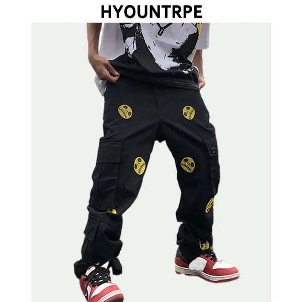 mens high street smilely loose cargo pants casual zipper straight jeans hip hop side pockets loose fit streetwear casual joggers streetwear sweatpants