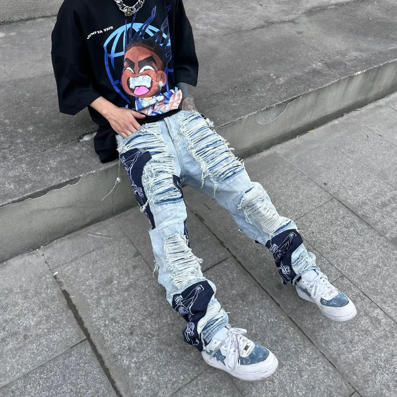 men high street denim jean pants casual loose destroyed ripped holes straight jeans fashion patchwork hip hop streetwear joggers sporty tapered joggers