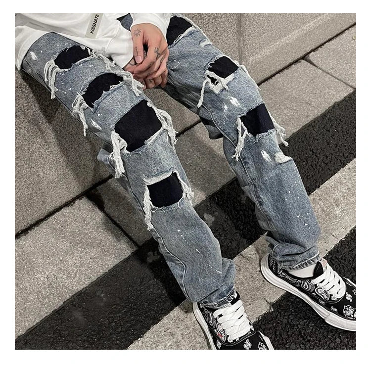 men ripped holes denim jean pants hip hip new fashion straight patchwork pants new casual jeans streetwear mens trousers joggers unique joggers style 1406