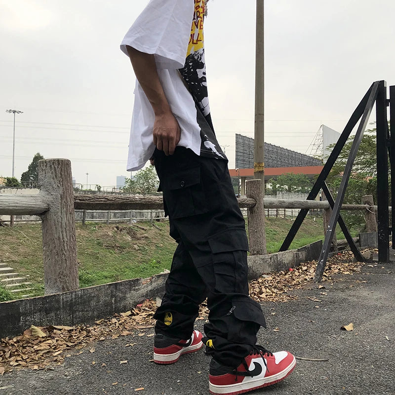 mens high street smilely loose cargo pants casual zipper straight jeans hip hop side pockets loose fit streetwear casual joggers casual joggers