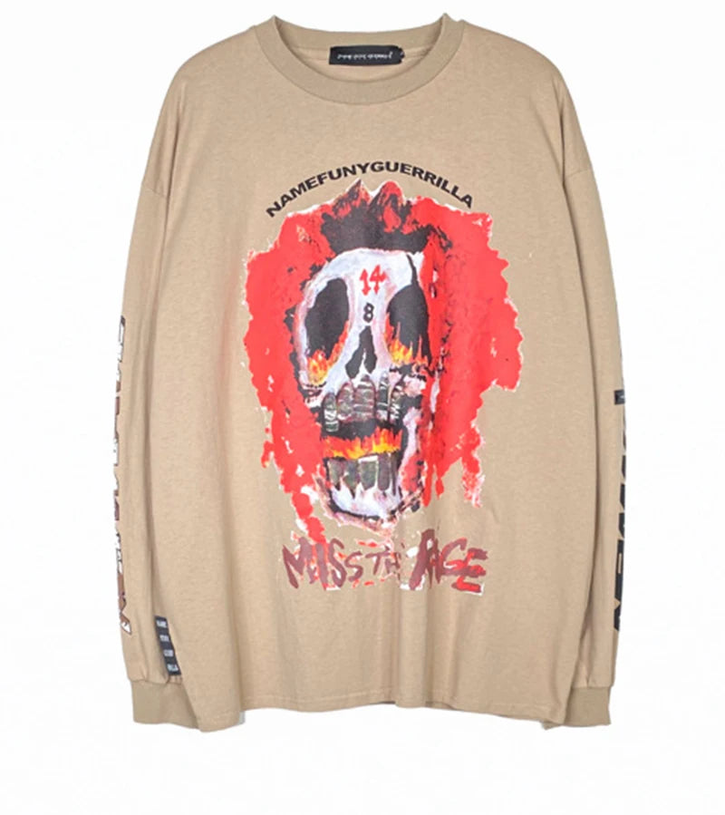 rainbowtouches long sleeve t shirt men high street skeleton skull graffiti print women hip hop couple sweatercoat unisex design aesthetic street look hoodie, high quality cotton pullover, trendy hip hop style outerwear