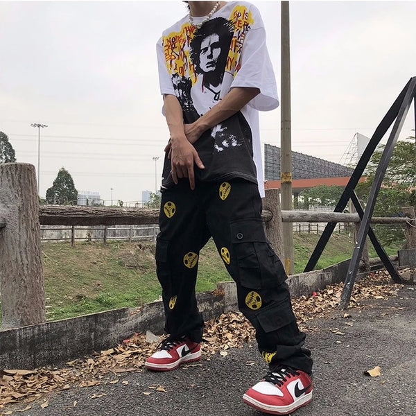 mens high street smilely loose cargo pants casual zipper straight jeans hip hop side pockets loose fit streetwear casual joggers urban active pants