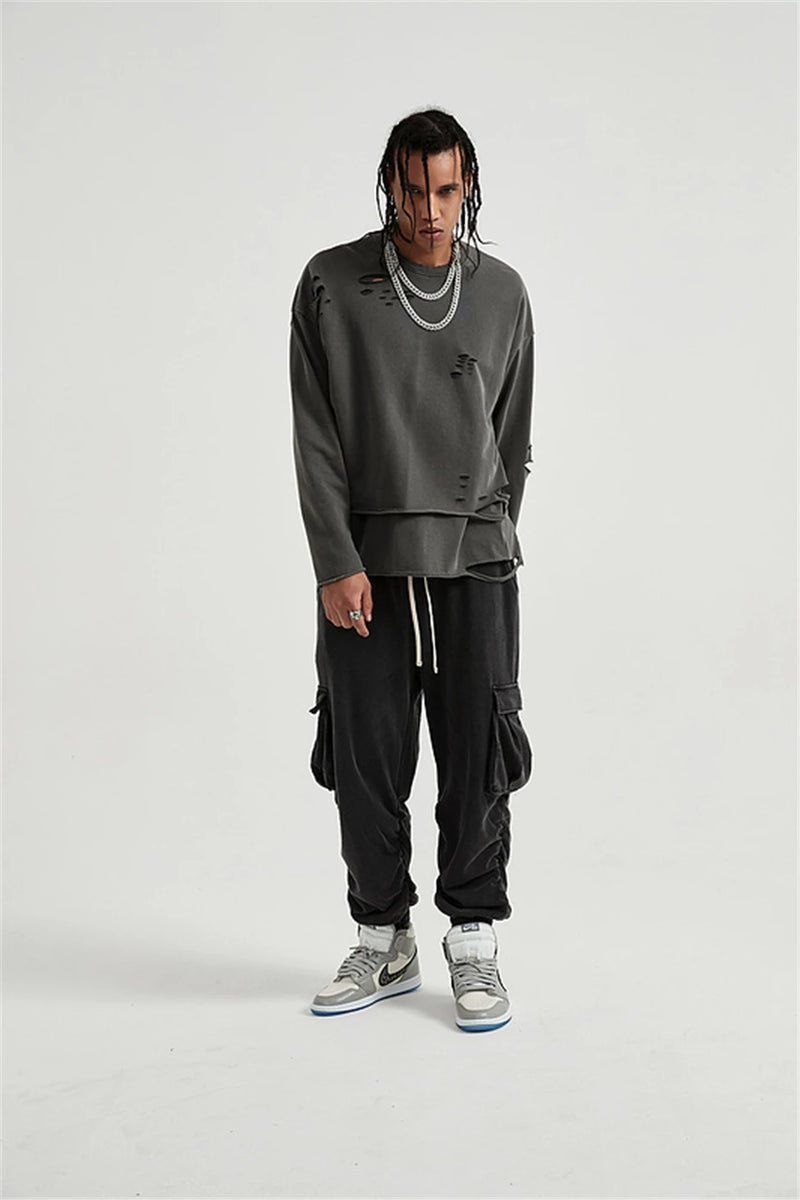 Hip Hop Streetwear Vintage Sweatshirt 2021 Autumn Creative Distressed Destroyed Ripped Holes Pullover Cotton Tops Loose WE301