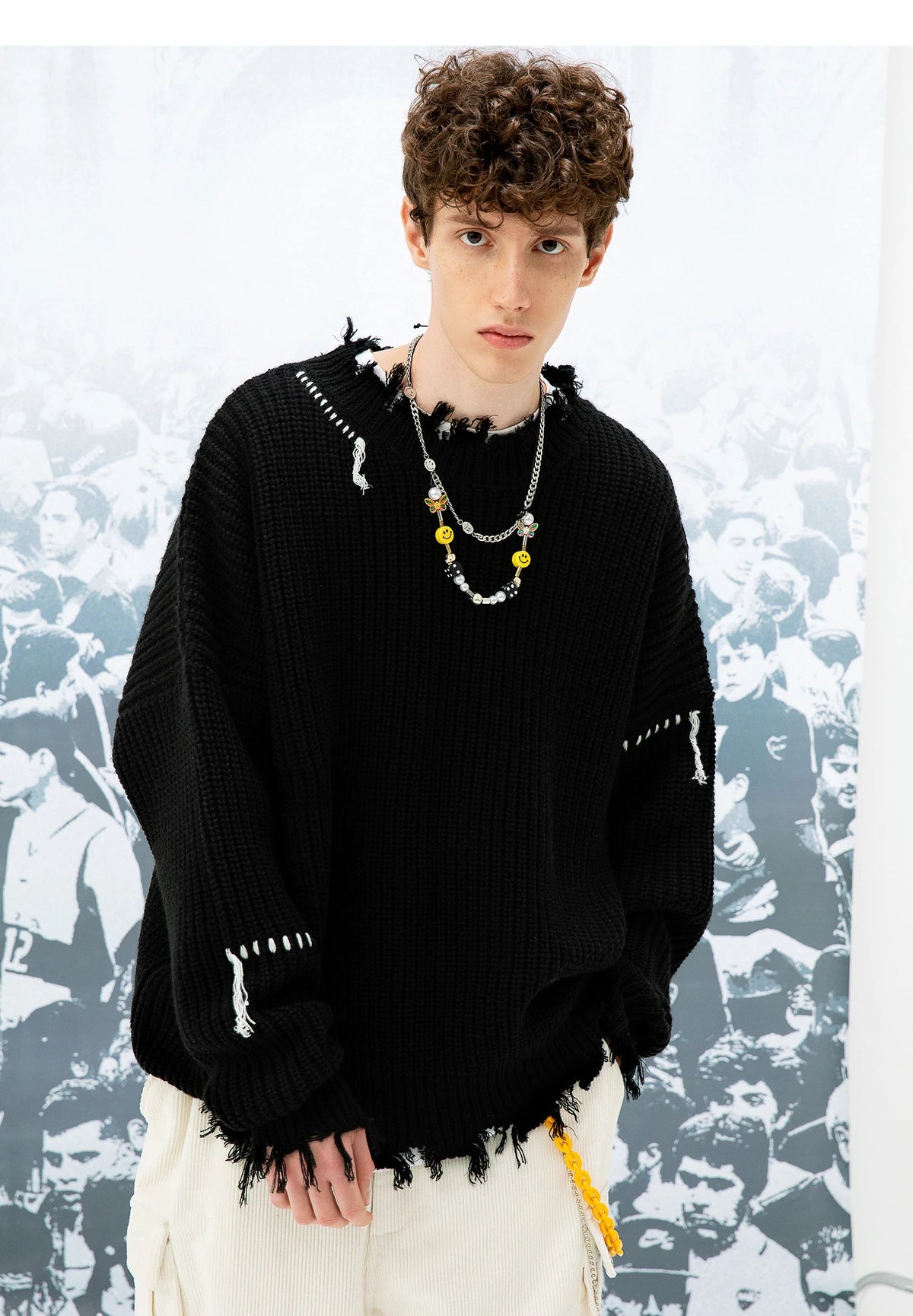 leather varsity streetwear knit with bold stitching, fall/winter pullover for urban outfits, men’s streetwear clothing piece 