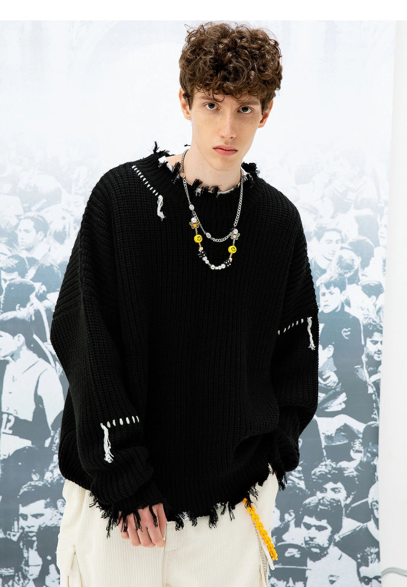 leather varsity streetwear knit with bold stitching, fall/winter pullover for urban outfits, men’s streetwear clothing piece 